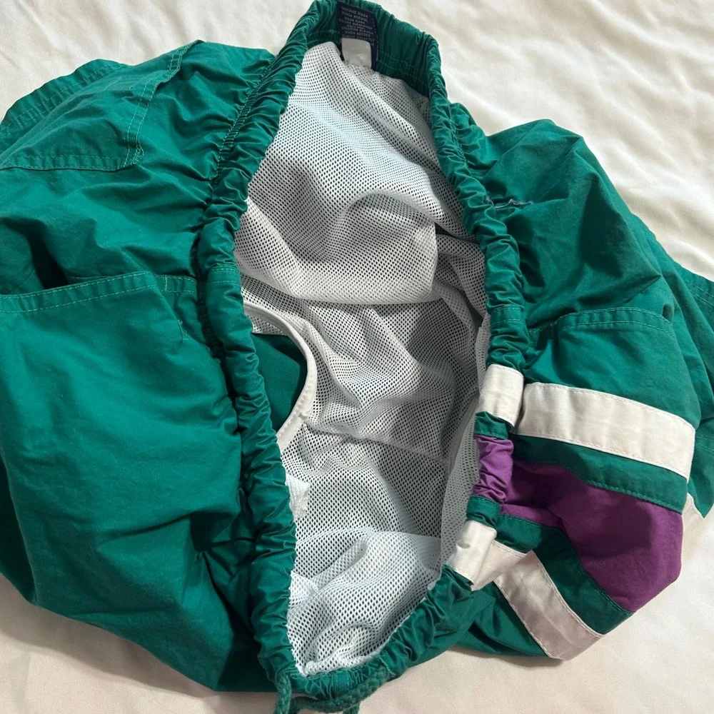 Vintage Lands End Mens Green Purple Striped Cotton Swim Trunks Large 36-38 27261